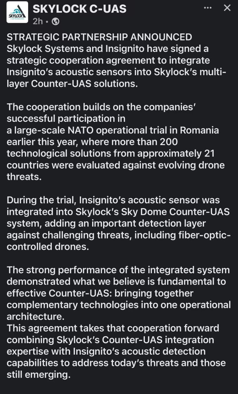 Skylock C-UAS public-announcement screenshot describing acoustic-sensor integration with Insignito